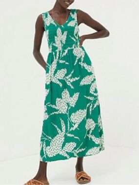FatFace Aria Textured Leaves Midi Dress Women’s 14S Smocked Crinkle Green White